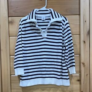 CAbi Black and White V-Neck Striped Sweater